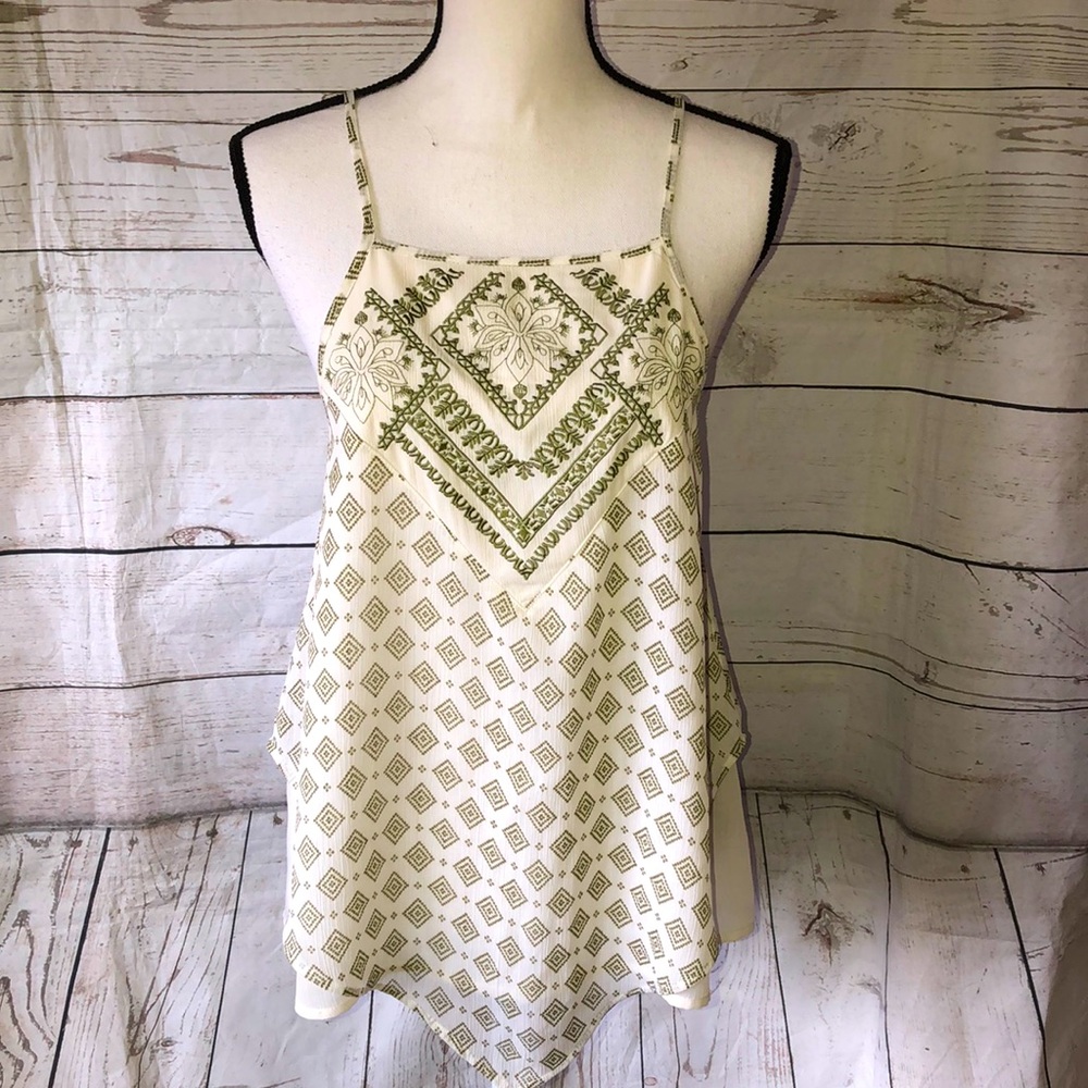About a Girl green & off-white embroidered geometric print spaghetti str…